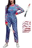 ALIREVERIE Womens Halloween Chcky Costume Blue Cartoon Jumpsuit Overalls and Striped Shirt Scary Doll Costume XL