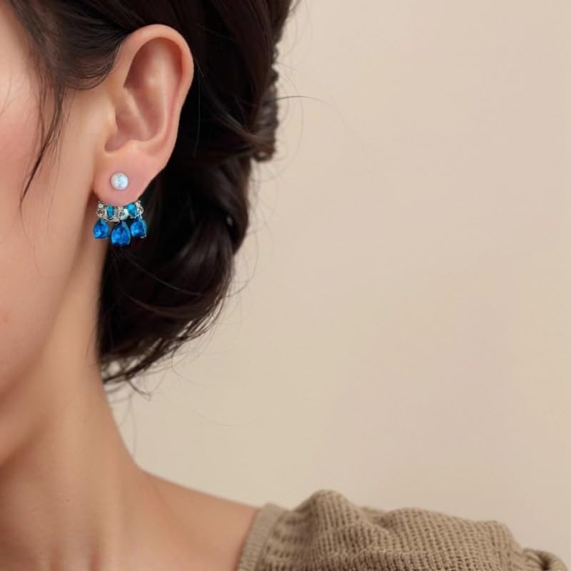 W WEILIRIAN Boho Pearl Ear Jacket Earrings Sapphire Crystal Dangle Earrings Pearl Stud Earrings Pearl Bead Earrings Two Ways Front Back Earrings Jewelry for Women - Image 2