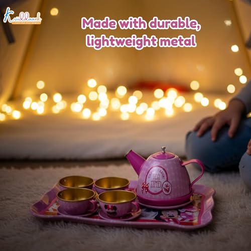 Image of Minnie Mouse 14-Piece Metal Tea Set for Girls - Pink Kids Pretend Play Tea Party Set with Teapot, Cups & Saucers - Durable & Lightweight Tin Toy|Birthday Gift for Toddlers and Children 3+