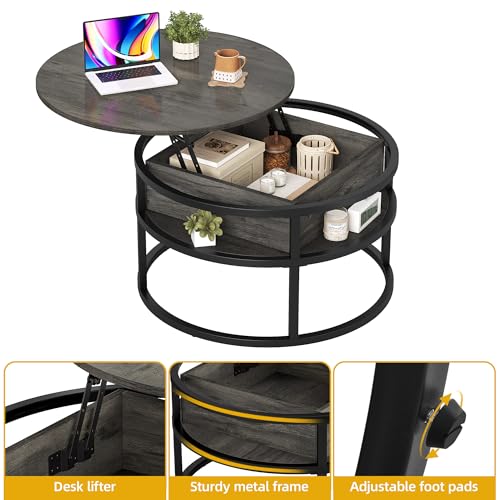 DWVO Coffee Tables for Living Room, Round Lift Top Coffee Table with Storage and Hidden Compartment, Modern Small Circle Coffee Table Wood Farmhouse Center Table, Grey