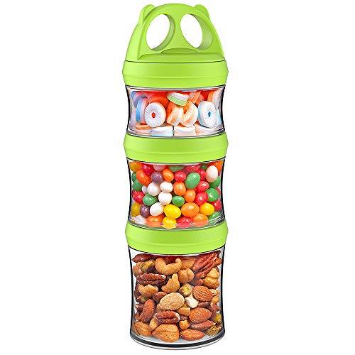 Image of SELEWARE Portable Stackable Food Storage Containers for Snacks Formula Powder and Drinks Twist Lock System Airtight Leak-proof BPA and Phthalate Free 3 Piece Jars 28oz Green
