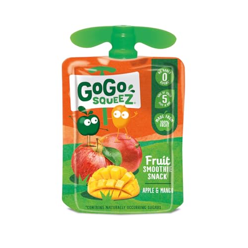 GoGo squeeZ Fruit Smoothie Snack, Apple Mango, 100% Real Fruit Blend, 20 x 90g Pouches, Snack for Kids & Adults, Gluten-Free, Vegan, No Added Sugar, School Lunchbox Friendly, On-the-Go Snacking
