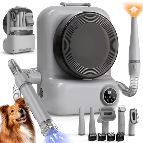 BONJELA Pet Grooming Vacuum and Dryer for Dogs with 3L Large Canister, Dog Grooming Vacuum Able to Store All Attachments, Powerful 15000Pa Suction Dog Vacuum for Shedding Grooming, Grey