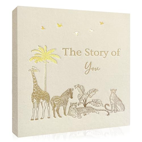 Eviepops Prints Baby Memory Book Luxury Keepsake Gift for Mum to be Milestone Record & Photo Album Birth to Age 5 Gender Neutral for Boy or Girl Linen Fabric Safari Journal Scrapbook Baby Shower