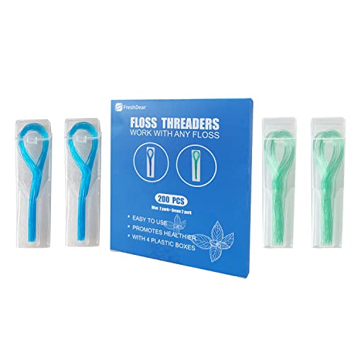 FreshDear Enhebradores de hilo dental para frenos, puentes e implantes, verde 100 unidades y azul 100 unidades (paquete de 4, total 200 unidades)