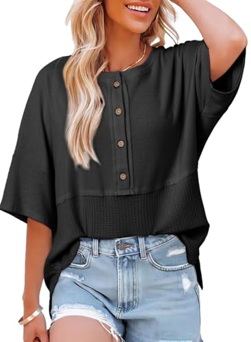 Dokotoo Summer Henley Shirts for Women Ladies 3/4 Bell Sleeve Crewneck Blouses Waffle Knit Tops Solid Comfy Cute Oversized Blacktunic Tops Fall Clothes Medium