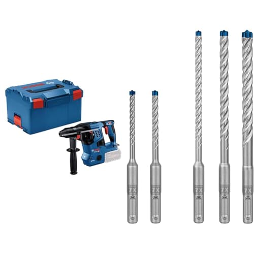 Bosch Professional 18V System Akku Bohrhammer GBH 18V-28 C (inkl. Zusatzhandgriff, Fetttube, L-BOXX-Einlage, ohne Akku/Ladegerät) + 5x Expert SDS plus-7X Hammerbohrer Set (für Stahlbeton, Ø 5-10 mm)
