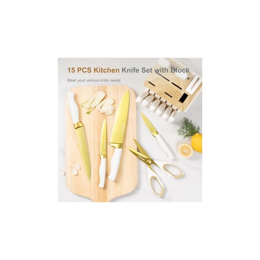 Astercook-15-Pieces-Knife-Set-Healthy-Gold-Titanium-Coating-Kitchen-Knife-Sets-Full-Tang-Knives-Set-with-Block-and-Built-in-Sharpener-German-Stainless-Steel-Knife-Block-Set-Dishwasher-Safe-Gold Astercook 15 Pieces Knife Set, Healthy Gold Titanium Coating Kitchen Knife Sets, Full Tang Knives Set with Block and Built-in Sharpener, German Stainless Steel Knife Block Set Dishwasher Safe Gold