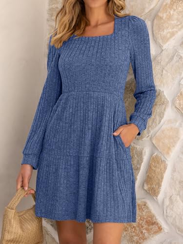 ANRABESS Women's Long Sleeve Fall Dress 2025 Square Neck Casual Ribbed Knit Comfy Soft Short Sweater Dresses with Pockets2