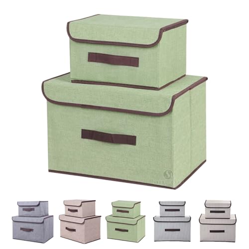フタ付き 収納ボックス 蓋付き 折り畳み 布製 大容量 持ち運び 防塵通気性 耐久 省スペース 多用途収納 現代風 おしゃれ 36*23*24cm/25*19*16cm（グリーン） [並行輸入品]