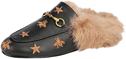 Fur Mules for Women Leather Slip-on Rabbit Furny Loafers Comfort Flats Slide Casual Shoes