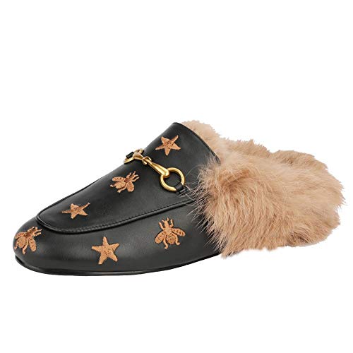 Fur Mules For Women Leather Slip-On Rabbit Furny Loafers Comfort Flats Slide Casual Shoes #TOP3