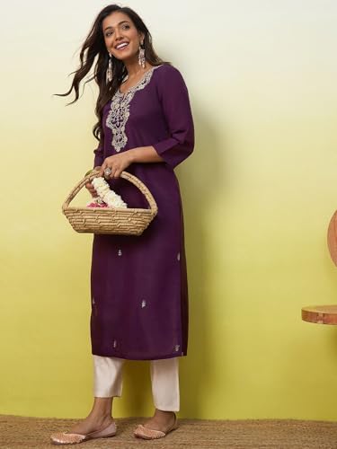 Image of Women's Embroidered Silk Straight Kurta Kurti | Below Knee Kurtas for Women Traditional Indian Wear Outfit Suitable Casual Festive Office Styling