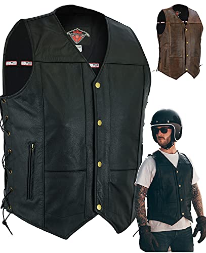 Texpeed Chaleco de cuero para moto - Cuero de motocicleta para hombre - Bolsillos con cremallera originales de motorista/Ajuste de chaleco con lados trenzados Negro - L