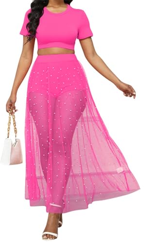 Womens Sexy 3 Pieces T-Shirts Tops Bodycon Shorts Mesh Pearls Skirts Party Clubwear Beach Outfits Set