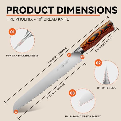 Image of TUO Bread Knife, 10 inch Upgraded Serrated Knife for Homemade Sourdough Bread, High Carbon German Steel with Pakkawood Handle, Gift Box - Fiery Phoenix Series