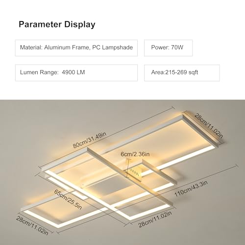 Jaycomey Dimmable Ceiling Light, 110cm Flush Mount Ceiling Lamp Remote Control Modern Chandelier, 68W Square White Acrylic Close to Ceiling Light Fixtures for Bedroom Living Room