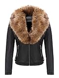 Giolshon Damen Kunstlederjacke Kurz Biker Mantel Winterjacket mit Abnehmbarem Kunstpelzkragen 9201 SchwarzGelb M