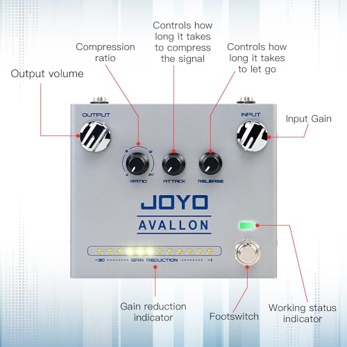 Image of JOYO Studio Compressor Guitar Pedal, Ratio /Attack /Release Control with Gain Reduction Indicator & Independent I /O, True Bypass (AVALLON R-19)