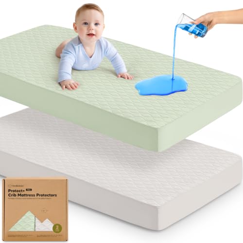 Image of 2-Pack Waterproof Crib Mattress Protector Cover Fitted - Quiet Baby Crib Mattress Pad Sheets, 52 inch x 28 inch Soft Quilted Cotton Baby Sheet, Machine Washable, Easy Fit, Durable (Sage /Mavy)