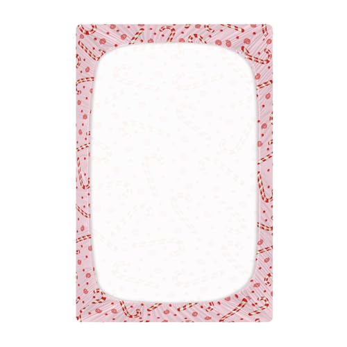 Image of Candy Cane Christmas Pink Crib Sheets Soft Breathable Fitted Baby Playard Sheets Mattress Cover for Girl Boys, 39 inch x 27 inch x 5 inch