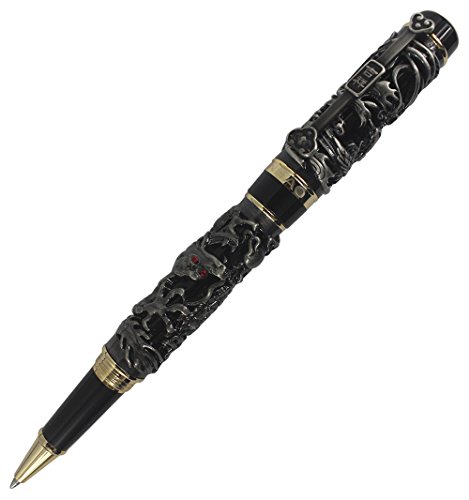Abcsea Collectible Luxury Carved Dragon And Phoenix Rollerball Pen - Antique Silver & Black