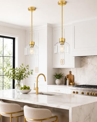 Image of 2-Pack 8 inch Brushed Gold Pendant Lights Kitchen Island, Clear Glass