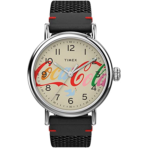 Timex Standard x Coca-Cola Unity Collection Herren-Armbanduhr, 40 mm, silberfarbenes Gehäuse, cremefarbenes Zifferblatt mit schwarzem Stoffarmband TW2V26000JR