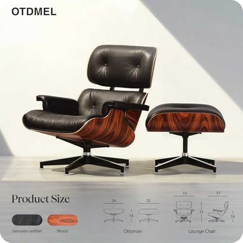 Image of Luxury Top Black Grain Leather Mid Century Chaise Lounge Chair with Ottoman, Premium Handcrafted Rosewood, Ergonomic Modern Accent Chair for Living Room Office