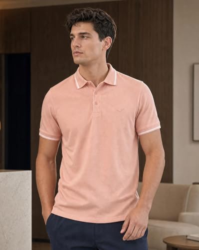 Image of NOBERO Men's Travel Polo T-Shirt | Premium Cotton Stretch Fabric | Anti-Odor & Water-Repellent | UPF 50+ Sun Protection | Regular Fit Polo Collar Casual Wear