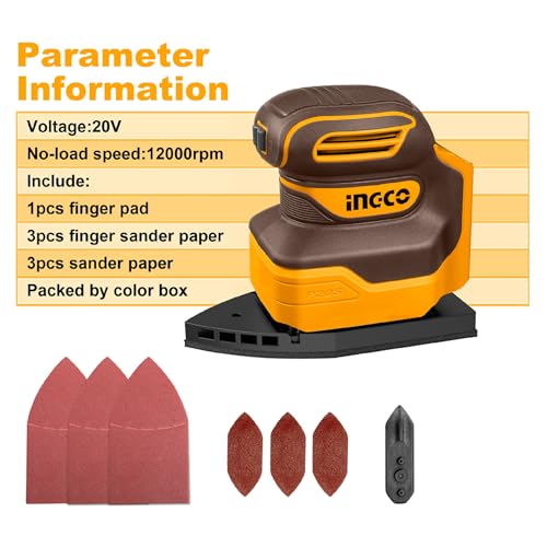 INGCO 20V Cordless Mouse Sander (Body Only) 12000RPM Electric Detail Sander Handheld with 1Pcs Sanding Pad, 3Pcs Finger Sander Paper, 3Pcs Sand Paper for Wood Furniture Finishing CPSLI2014 5 INGCO 20V Cordless Mouse Sander (Body Only) 12000RPM Electric Detail Sander Handheld with 1Pcs Sanding Pad, 3Pcs Finger Sander Paper, 3Pcs Sand Paper for Wood Furniture Finishing CPSLI2014 - Image 5