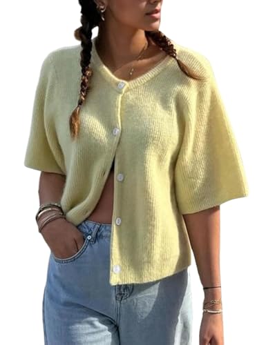 Cioatin Women Yellow Short Sleeve Button Down Crop Cardigan Sweater Y2K Oversized Aesthetic Knit Shirt Tops Preppy Girls2