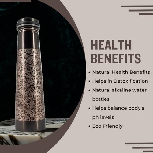 Image of Copper Water Bottle 1 Ltr | Copper Water Bottle with Glass Set | Meena Work | 100% Pure | Leak-Proof | 2 Water Glass 300ml each | Best for Gifting (Light House Design - Brown)