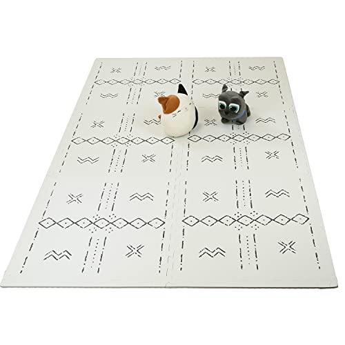 Clevr Extra Large Interlocking Eva Foam Baby Play Mat Soft Stylish Non-Toxic Kids Toddler Play Floor Tiles Mats With Edges 6 Pcs 6'X4' Mudcloth Style (Light Beige) #TOP4