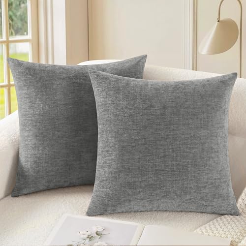 Image of CaliTime Pack of 2 Cozy Throw Pillow Covers Cases for Couch Sofa Home Decoration Solid Dyed Soft Chenille 16 X Inches Medium Grey