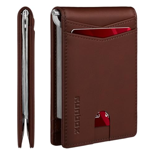 RUNBOX Slim Money Clip Wallets for Men RFID Blocking 8 Card Holder Minimalist Small Thin Carbon Leather Bifold Mens Front Pocket Wallet Gift Box(Canyon Red)