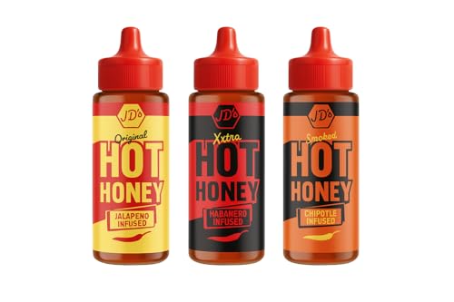 JDs Hot Honey Sauce Set (3 x 260g) Original Extra Hot & Chipotle Infused Sweet & Spicy Chilli Honey for Pizza Chicken BBQ & Marinades Squeeze Bottle Trio
