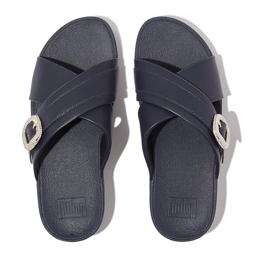 Image of FitFlop Women's Lulu Crystal-Buckle Leather Cross Slide Sandal
