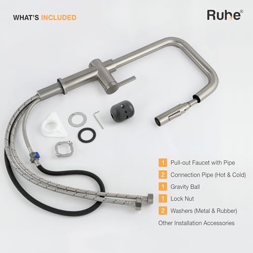 Image of Ruhe Opulo Dual Flow Pull-out Kitchen Mixer Faucet - Brushed Nickel | 360 Swivel | Hot & Cold Water Faucet | Single Lever Tap | Table Mounted Kitchen Sink Tap