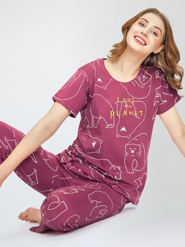 Image of ZEYO Night Suit for Women's Polar Bear Printed Cotton Night Dress of Top and Pajama Set 5776