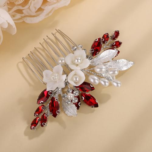Peineta para cabello flores cristal plata-rojo 9x6cm miniatura 5