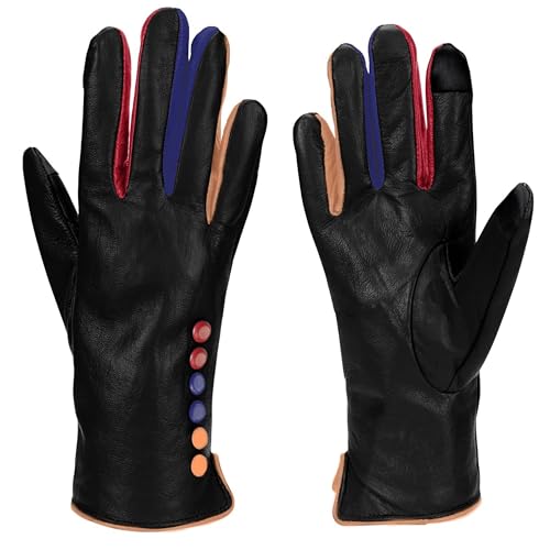 Vera Tucci Damen Winterhandschuhe - Luxuriöse Lederhandschuhe mit Touchscreen-Funktion, Fleece gefüttert, Schwarz, S-M