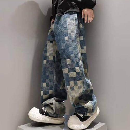 HZCX FASHION Mens Hip hop Y2K Checkerboard Skater Denim Pants Straight Wide Leg Baggy Denim Jeans Streetwear Trousers2
