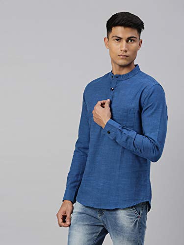 Image of KRYPTIC Men's Full Sleeve Regular Fit Short Kurta in Premium Pure Cotton with Patch Pocket and Mandarin Collar - Perfect Blend of Style and Comfort