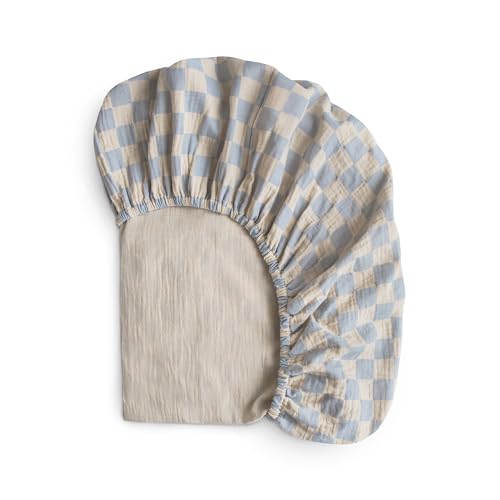 mushie Extra Soft Muslin Fitted Crib Sheet | 192 Thread Count | 28'x 52' (Blue Check)