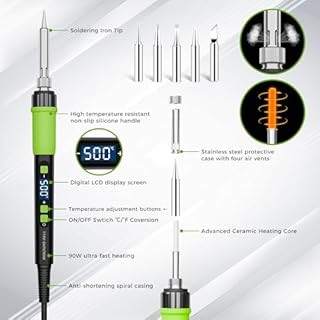 YEEHONEC Soldering Iron Kit, 90W Sleep Mode Auto-Off Soldering Iron, Adjustable Temperature with LCD Display, Includes Soldering Stand, 5 Tips & Solder for Electronics Repair