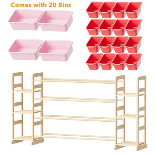 Image of SpaceAid Toy Storage Organizer with 6 Shelves and 20 Bins, Toy Organizers Storage Bookshelf, Kids Bin Shelf Toys Box Bookcase for Bedroom Playroom Organization Room Decor, Red and Pink