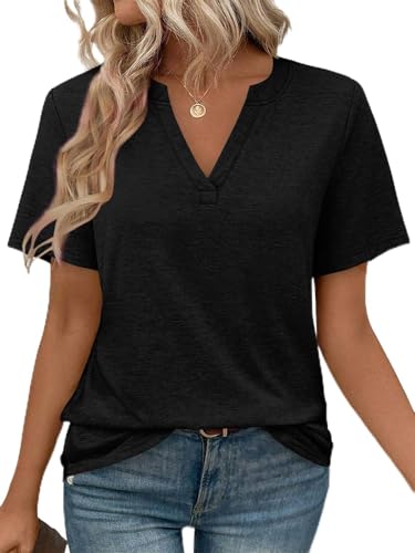 Cuptacc Tshirt Damen Sommer V Ausschnitt Kurzarm Oberteile Damen Lässig T Shirts Modern Elegant Bluse Top Schwarz, Mittel M 38-40