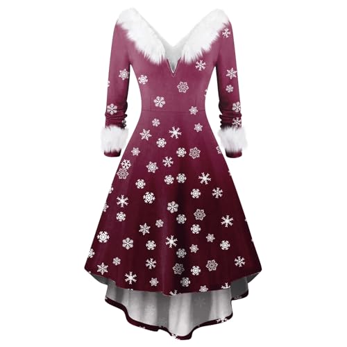 Generisch Damen Weihnachtskleid im Vintage-Stil Langarm mit V-Ausschnitt Festlicher Druck mit Weihnachtsmotiven Hohe Taille und Figurbetonter Schnitt...
