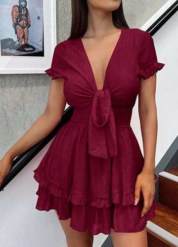 PRETTYGARDEN Women Summer Mini Short Dress 2025 Short Sleeve Casual Beach Vacation Sundress V Neck Tiered Sun Dresses